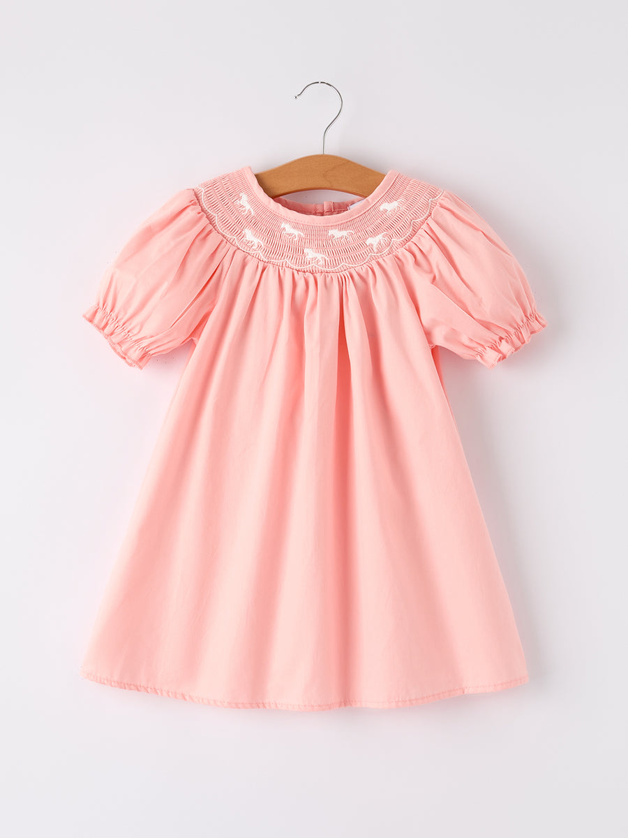 Girls Horse Smocking Embroidered Coral Dress