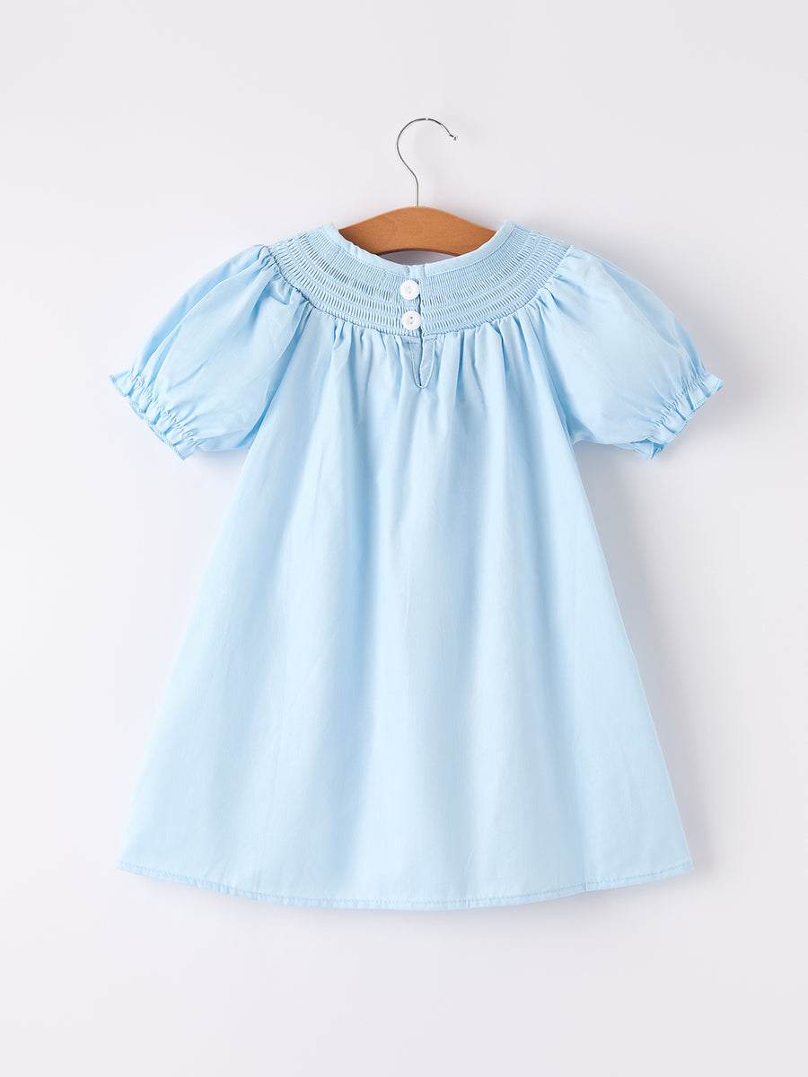 Girls Cross Smocking Embroidered Blue Dress