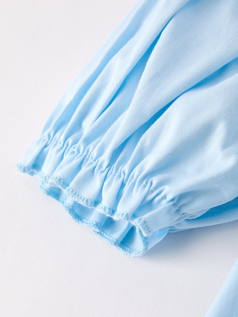 Girls Cross Smocking Embroidered Blue Dress