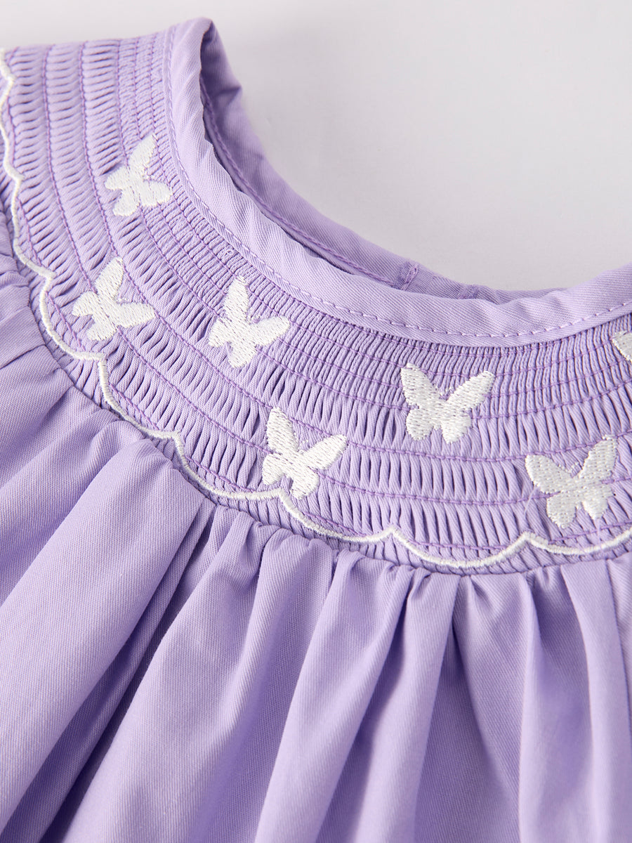 Girls Butterfly Smocking Embroidered Purple Dress