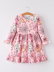 Halloween Ghost Pumpkin Print Ruffled Cuffs Long sleeve Dress
