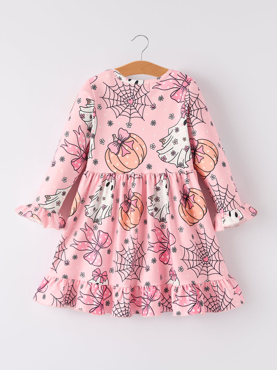 Halloween Ghost Pumpkin Print Ruffled Cuffs Long sleeve Dress