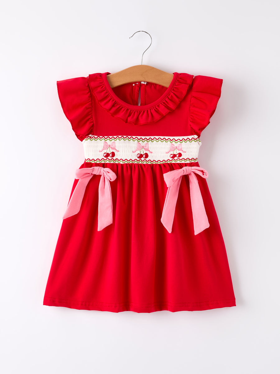 Red Cherry Bow Smocking Embroidery Girls'  Dress