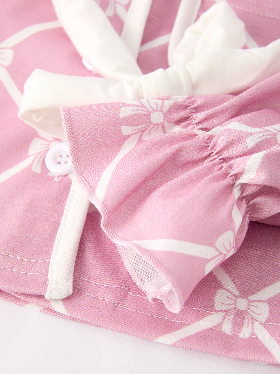 Mommy & me Autumn Check Bow Girls Lapel Pajamas