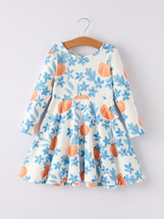Fall Halloween & Thanksgiving Pumpkin Floral Print Long Sleeve Dress