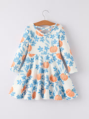 Fall Halloween & Thanksgiving Pumpkin Floral Print Long Sleeve Dress