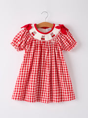 Red Cherry Bow Plaid Smocking Embroidery Girls'  Dress
