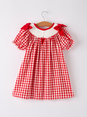 Red Cherry Bow Plaid Smocking Embroidery Girls'  Dress