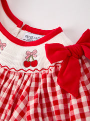 Red Cherry Bow Plaid Smocking Embroidery Girls'  Dress
