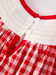 Red Cherry Bow Plaid Smocking Embroidery Girls'  Dress