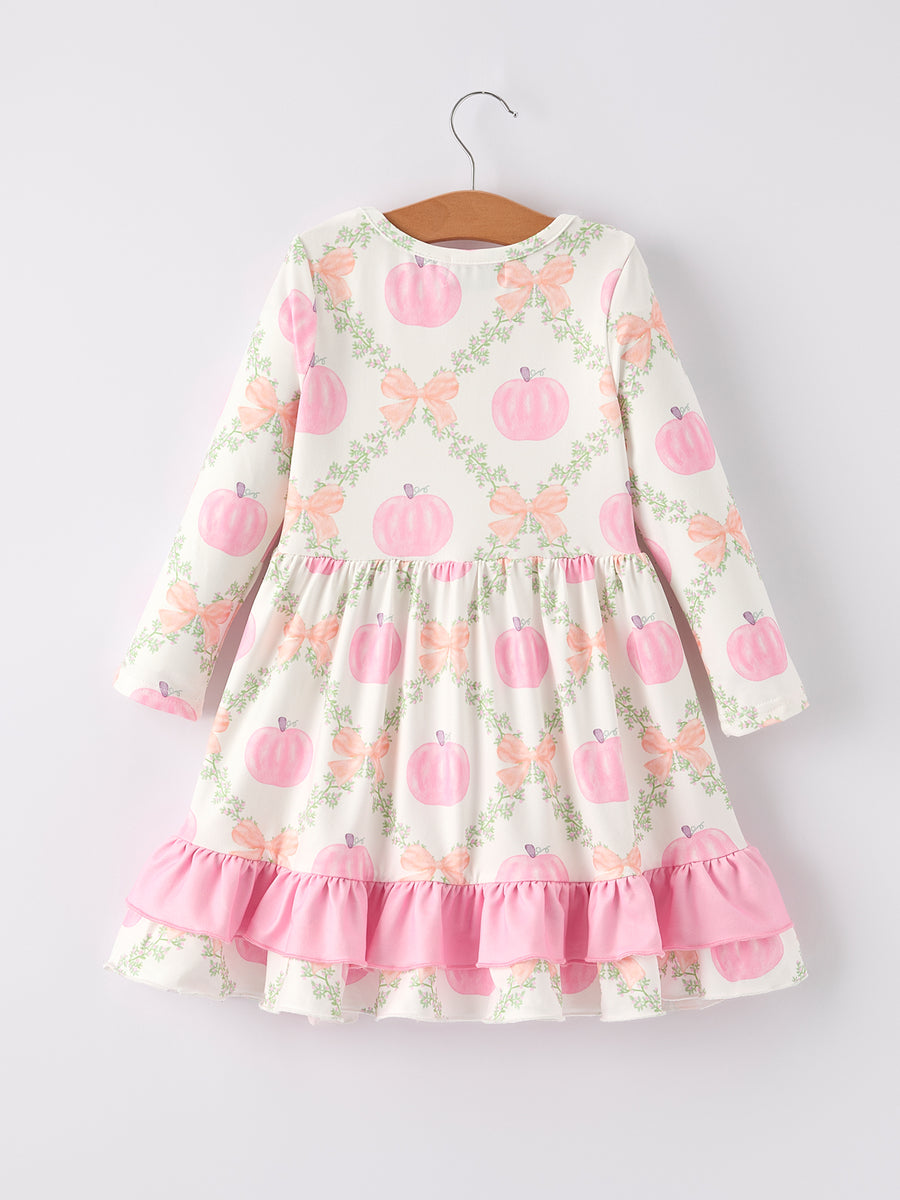 Fall Thanksgiving Pumpkin Pink Ruffle Girls Dress