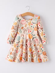 Fall Thanksgiving Pumpkin Leaf Print Dress