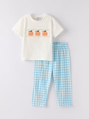 Boys Fall Halloween & Thanksgiving Pumpkin Embroidery Smocking Blue Plaid Set