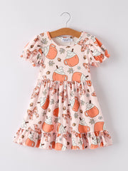 Halloween Pine Cone Coffee Print Girls Dress