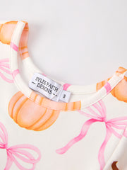 Fall Halloween & Thanksgiving Pumpkin Bow Print Long Sleeve Dress