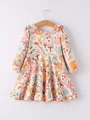 Fall Thanksgiving Pumpkin Leaf Print Dress