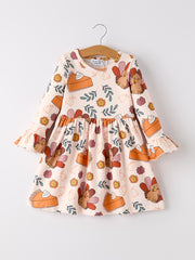 Thanksgiving Cute Turkey And Pie Print Design Girls Dress