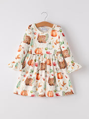 Thanksgiving Day Vintage Fall Pumpkin and Turkey Print Long Sleeve Dress