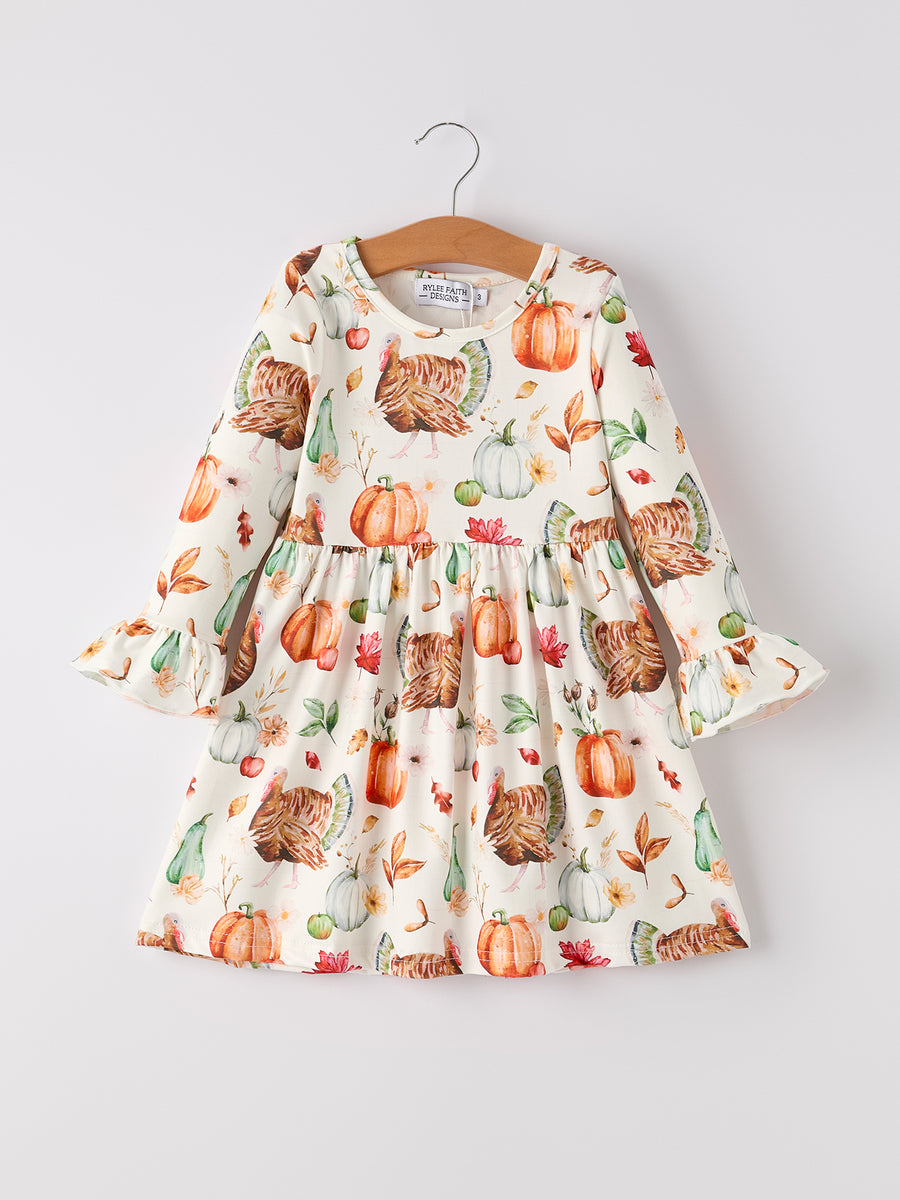 Thanksgiving Day Vintage Fall Pumpkin and Turkey Print Long Sleeve Dress