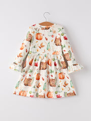 Thanksgiving Day Vintage Fall Pumpkin and Turkey Print Long Sleeve Dress