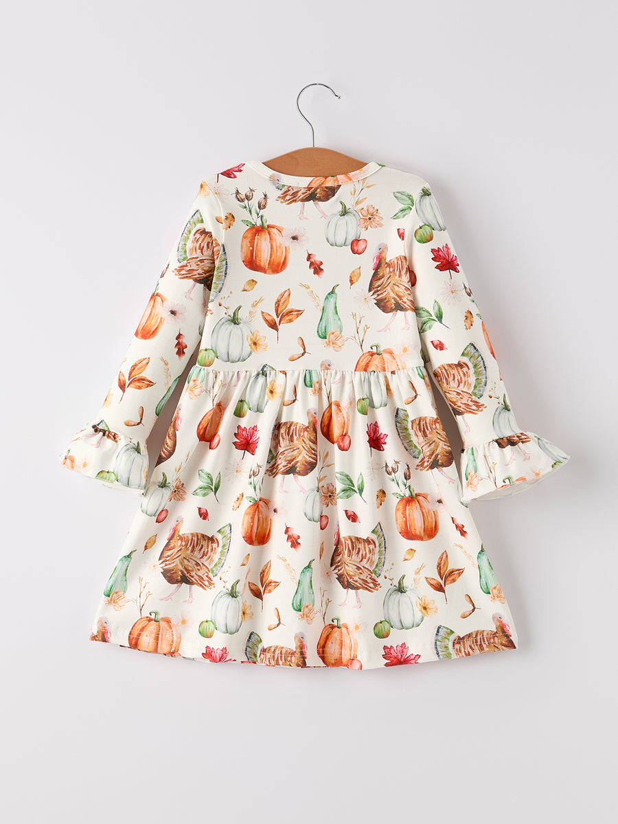 Thanksgiving Day Vintage Fall Pumpkin and Turkey Print Long Sleeve Dress