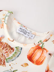 Thanksgiving Day Vintage Fall Pumpkin and Turkey Print Long Sleeve Dress