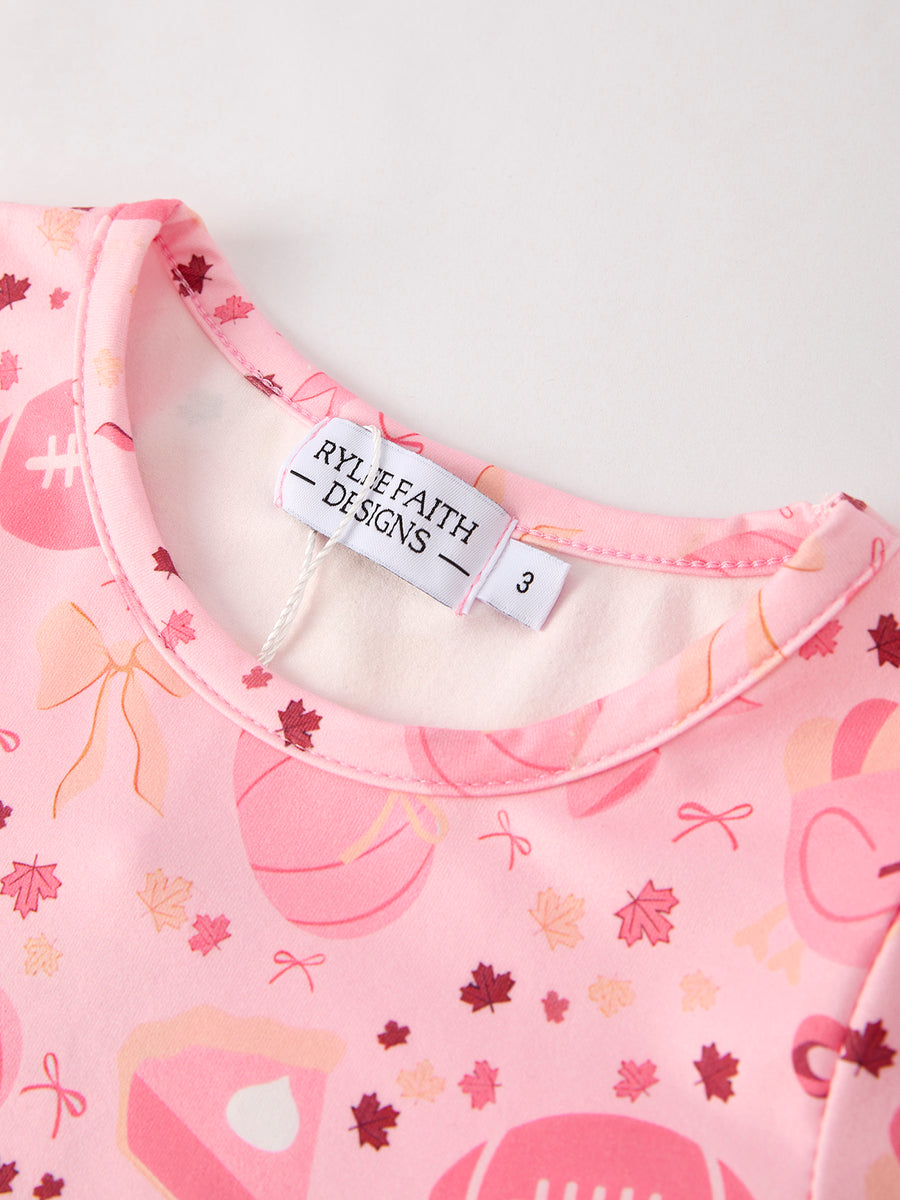 Halloween Football Pumpkin Bow Print Pink Girls Dress