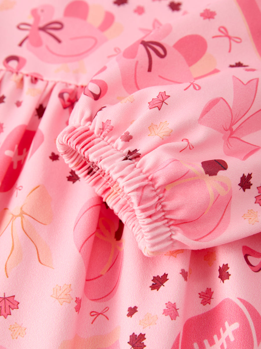 Halloween Football Pumpkin Bow Print Pink Girls Dress