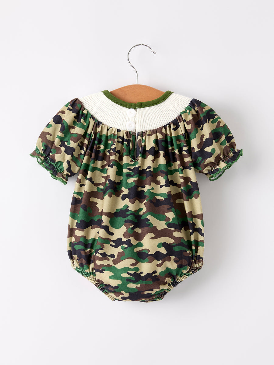 Camouflage Duck Smocking Embroidery Girls Romper