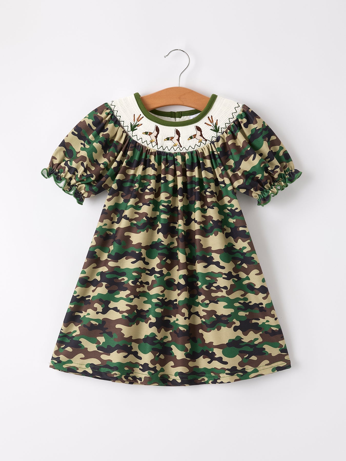Camouflage Duck Smocking Embroidery Girls Dress 6