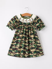 Camouflage Duck Smocking Embroidery Girls Dress