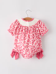 Pink Smocked Church Christ Bishop Christening Leopard Baby Girl Romper