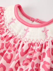 Pink Smocked Church Christ Bishop Christening Leopard Baby Girl Romper