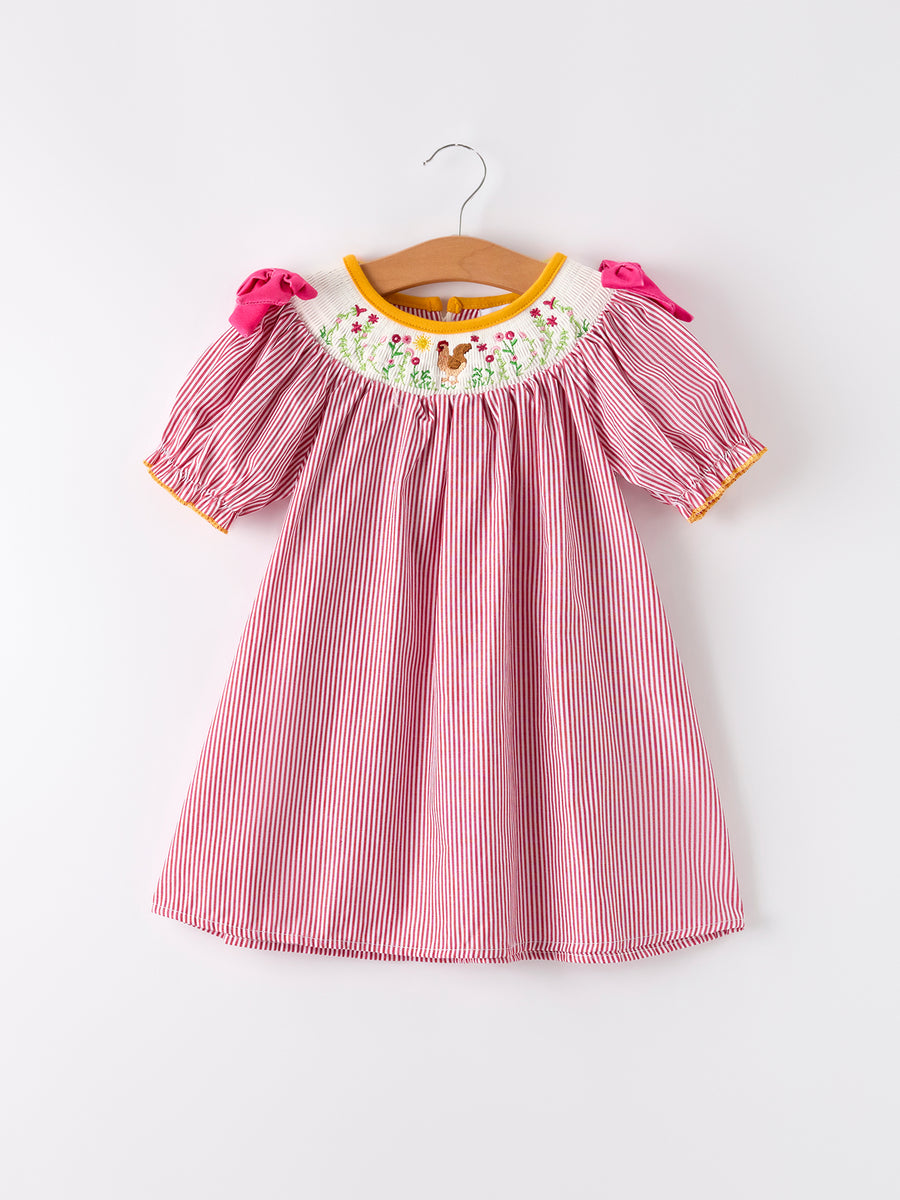 Autumn Rooster Smock Embroidered Girls Dress