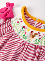 Autumn Rooster Smock Embroidered Girls Dress