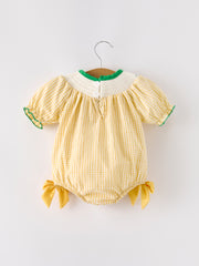 Yellow Plaid Floral Smocking Embroidered Baby Girl Romper