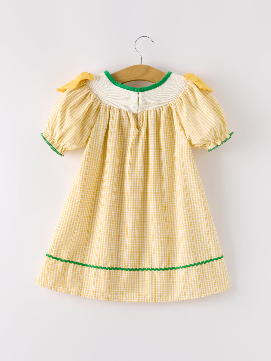 Yellow Plaid Floral Smocking Embroidered Dress