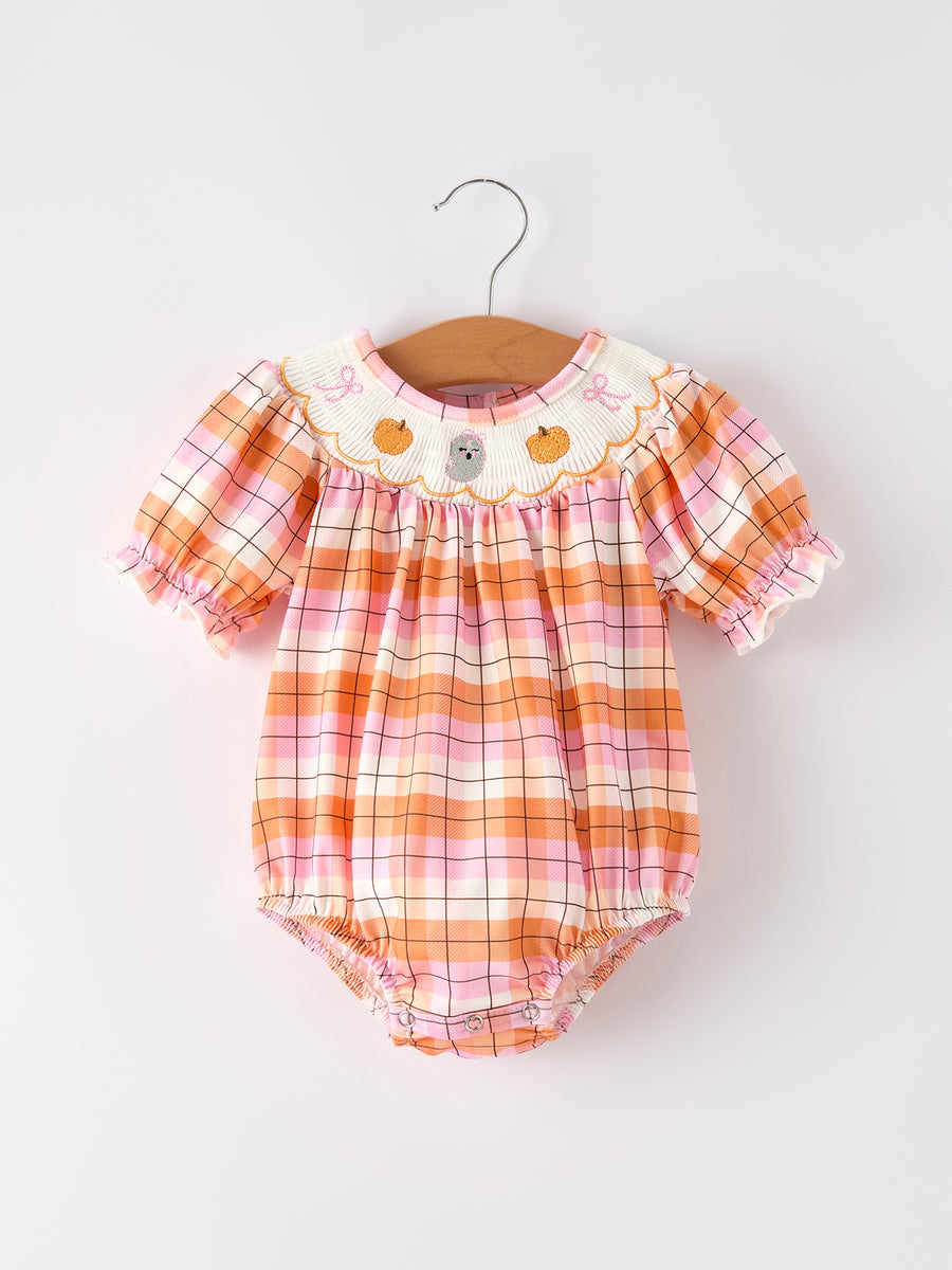 Halloween Pumpkin Bow Ghost Smock Embroidered Plaid Girls Romper
