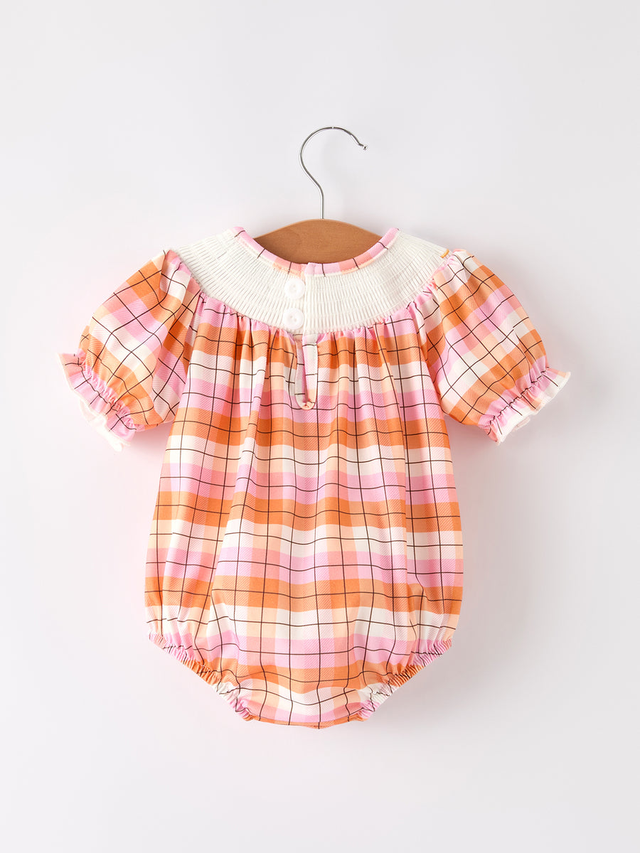 Halloween Pumpkin Bow Ghost Smock Embroidered Plaid Girls Romper