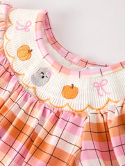 Halloween Pumpkin Bow Ghost Smock Embroidered Plaid Girls Romper