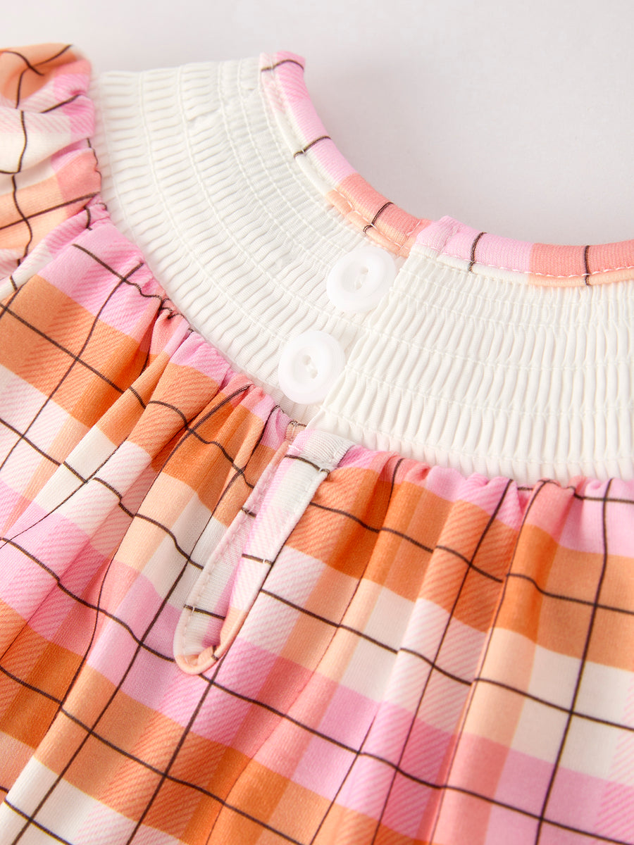 Halloween Pumpkin Bow Ghost Smock Embroidered Plaid Girls Romper