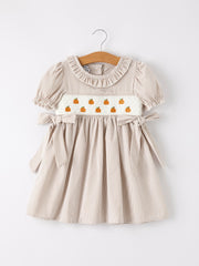 Fall Halloween & Thanksgiving Pumpkin Embroidery Smock Plaid Girls Dress