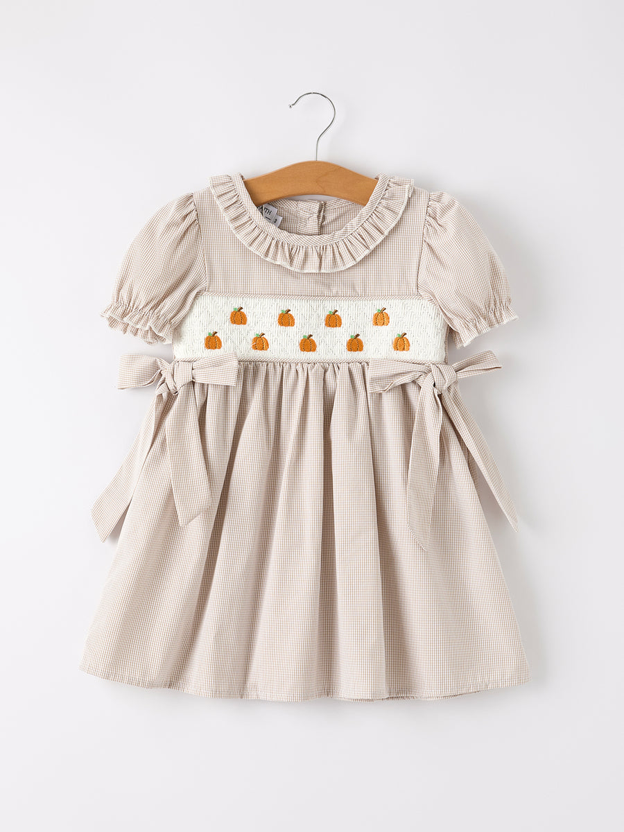 Fall Halloween & Thanksgiving Pumpkin Embroidery Smock Plaid Girls Dress