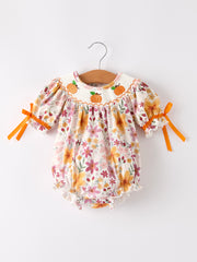 Thanksgiving Pumpkin Embroidery Smock Floral Baby Girl Romper