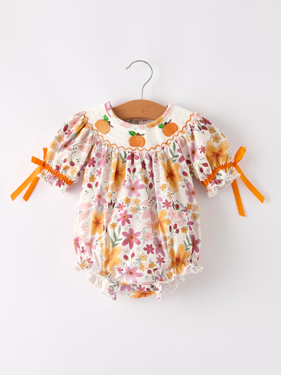 Thanksgiving Pumpkin Embroidery Smock Floral Baby Girl Romper