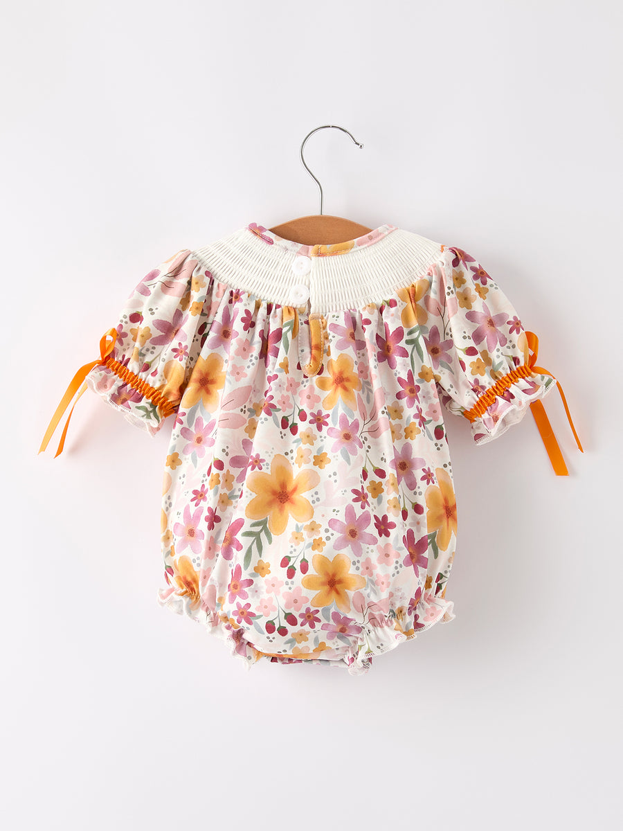Thanksgiving Pumpkin Embroidery Smock Floral Baby Girl Romper
