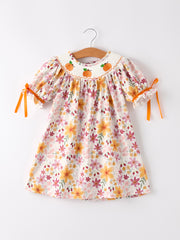 Thanksgiving Pumpkin Embroidery Smack Floral Baby Girl Dress
