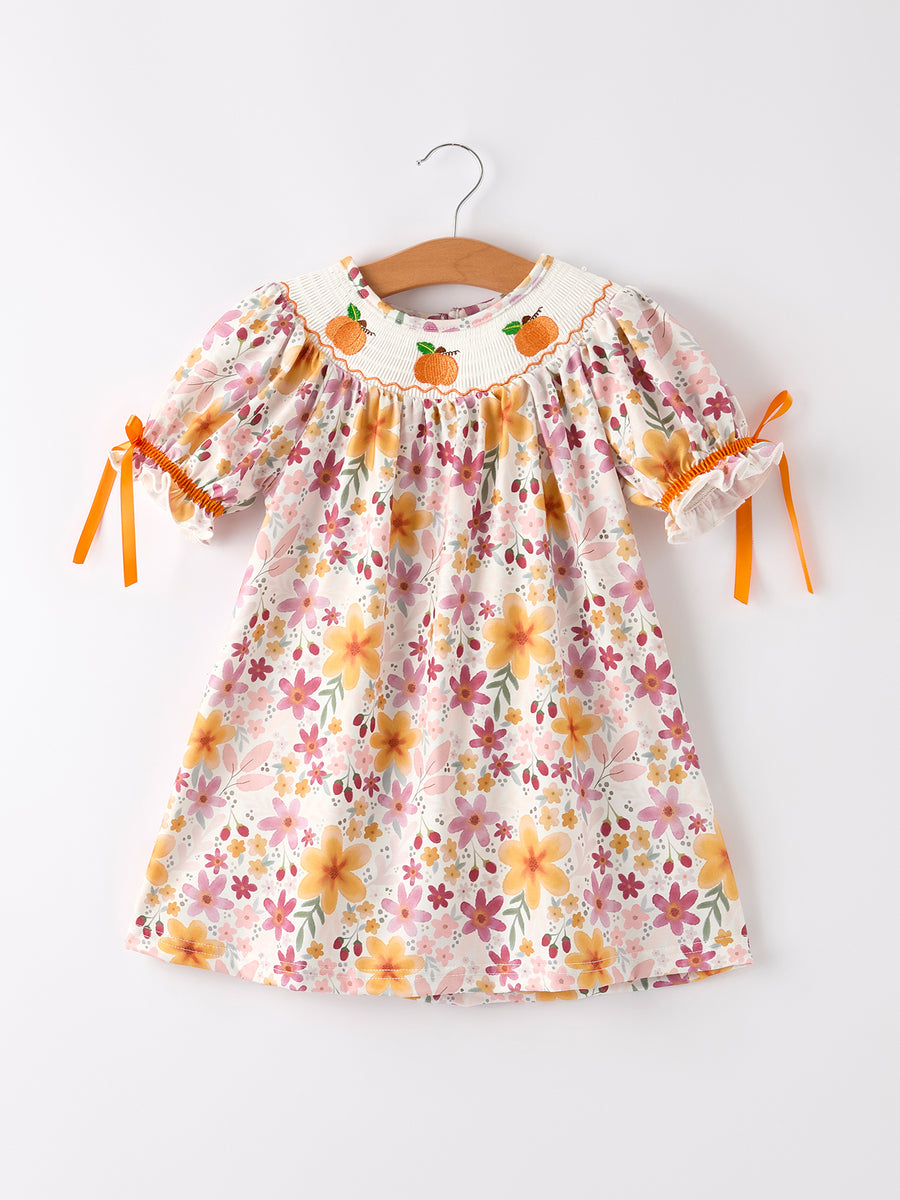 Thanksgiving Pumpkin Embroidery Smack Floral Baby Girl Dress