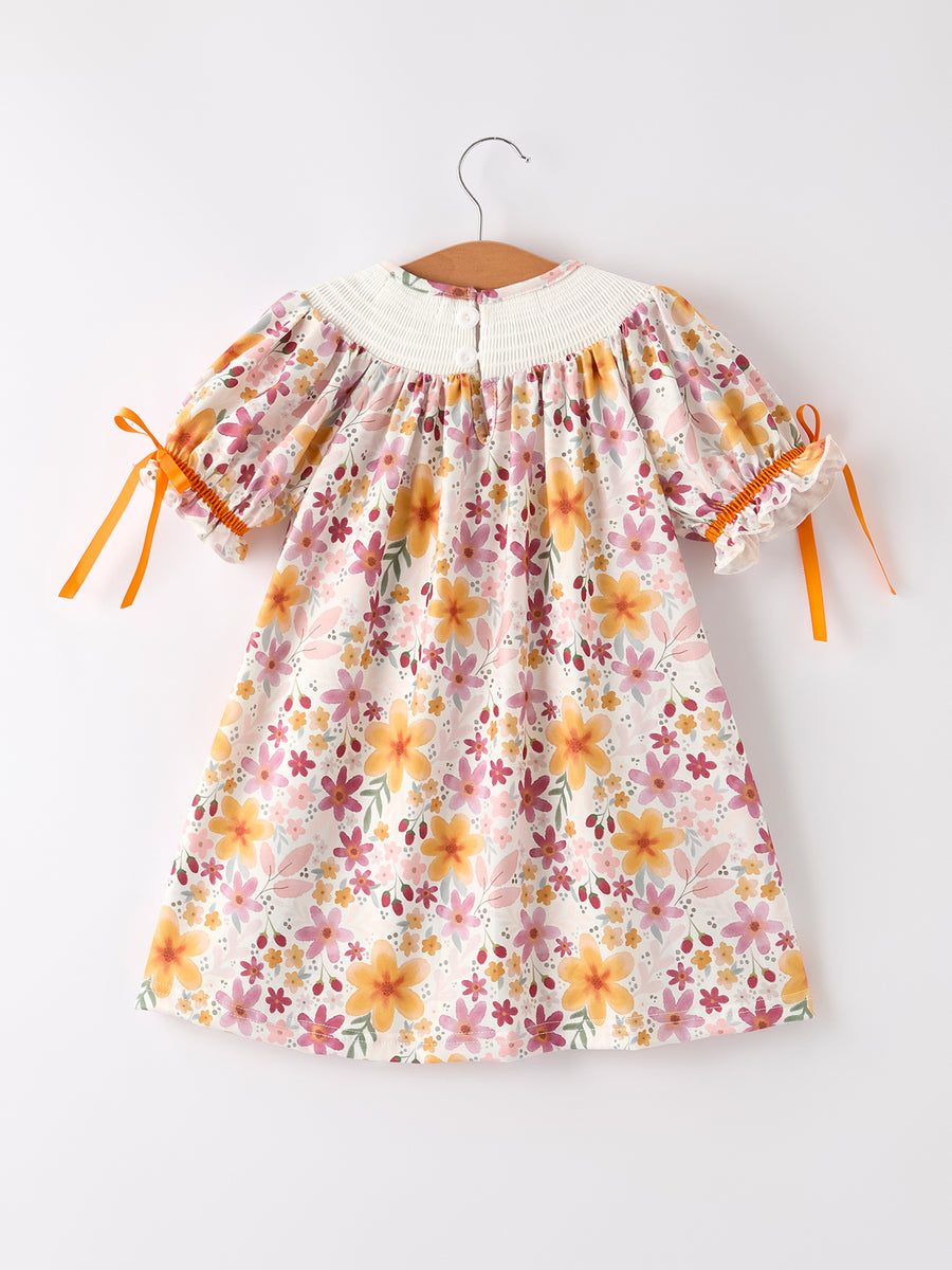 Thanksgiving Pumpkin Embroidery Smack Floral Baby Girl Dress
