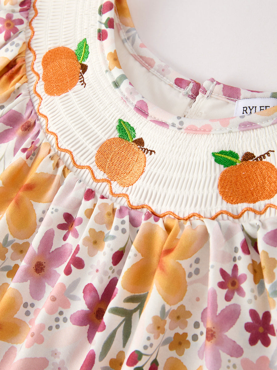 Thanksgiving Pumpkin Embroidery Smack Floral Baby Girl Dress